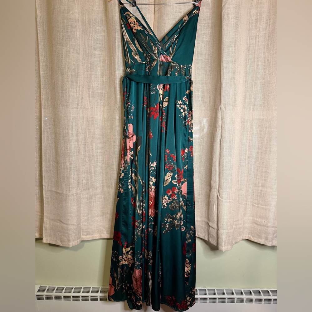 Lulu's Still the One Emerald Green Floral Print Satin Maxi Dress